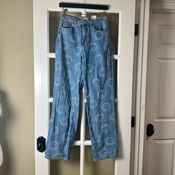 H&M x SMILEY Wide Leg Denim Jeans with Smiley Faces Size 2 - Picture 3 of 11